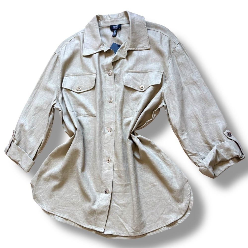 Jones New York Tan Beige Gold Linen Viscose Button Up Tunic - Large
